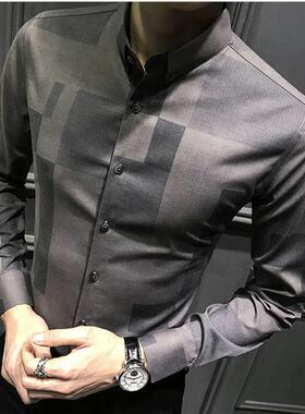 新款格子男士长袖修身衬衫商务时尚休闲免烫印花韩版潮流灰色衣装