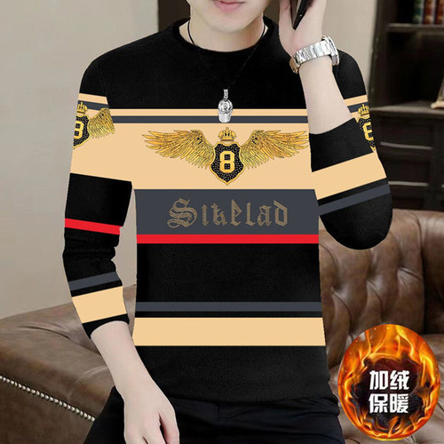 男ins潮流圆领超薄绒保暖长袖大码打底衫中国风百搭印花秋上衣