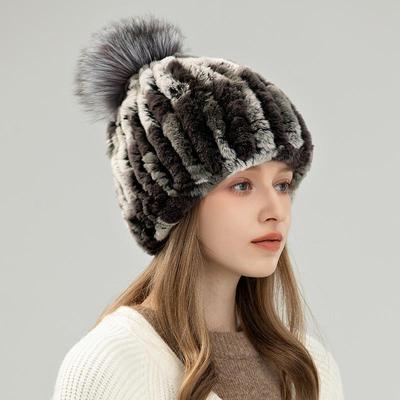 獭兔双面毛护耳帽女冬季休闲狐狸毛球保暖皮草帽子弹力针织护耳帽