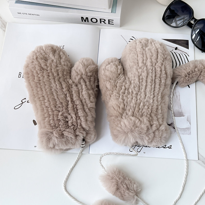 兔毛连指女冬季韩版加厚双面毛可爱保暖防风男女情侣皮草手套厚实