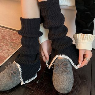 灰色羊毛开口复古袜套女秋冬保暖加厚小腿堆堆袜重工百搭竖条腿套