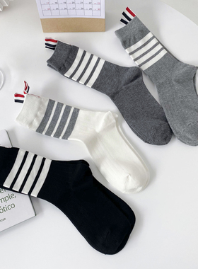 TB白色竖条四杠袜子女夏薄中筒网红INS潮及膝小腿袜春秋灰色长袜