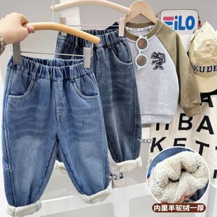 冬款童装男童儿童加绒加厚保暖羊羔毛棉裤牛仔裤批发代发