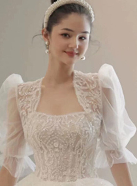 2023新款新娘结婚长袖婚纱小外套短款泡泡袖坎肩软纱蕾丝小披肩女