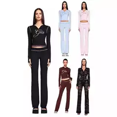 Iamgia Slim-Fit Letter Print Top with Visible Stitching Design, Slim-Fit Hooded Zip-Up Short Jacket and Pants Set