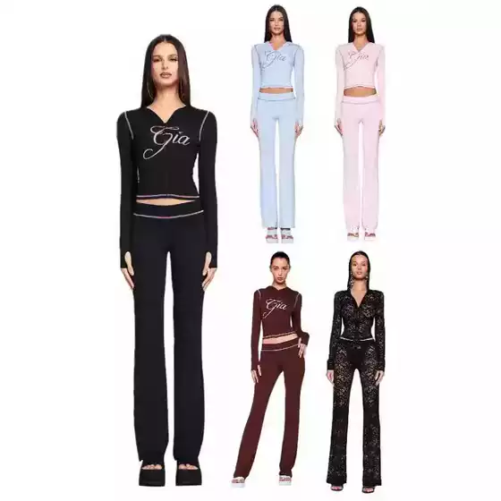 Iamgia Slim-Fit Letter Print Top with Visible Stitching Design, Slim-Fit Hooded Zip-Up Short Jacket and Pants Set