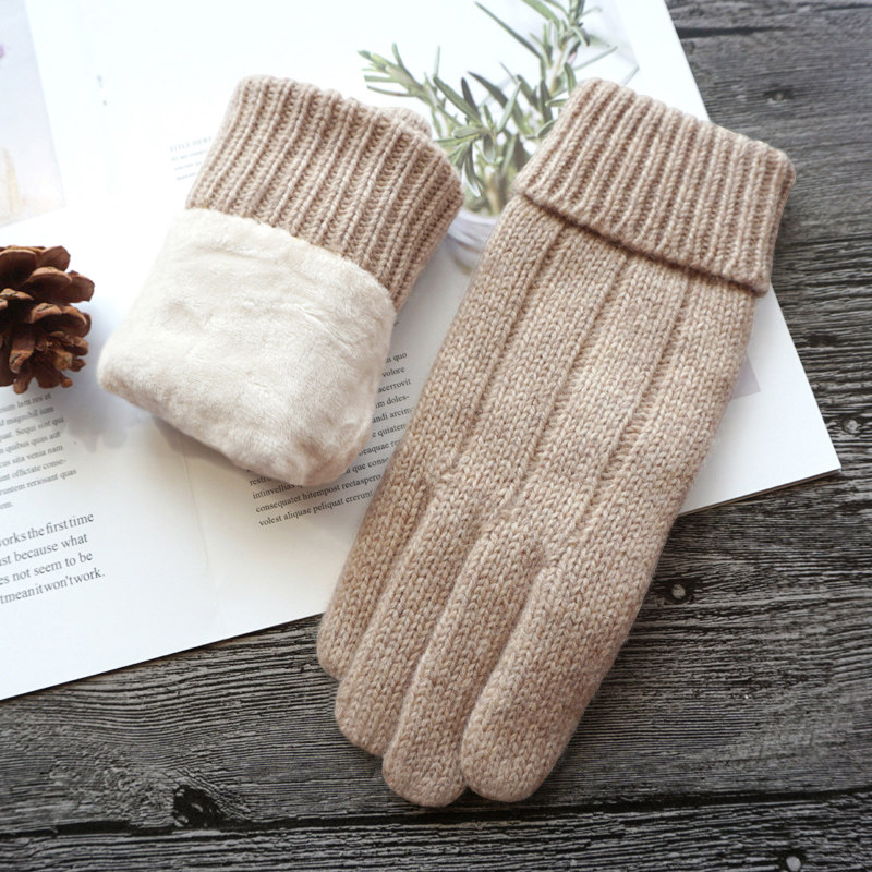 冬季男女款纯色羊毛线保暖加厚绒保暖防寒骑行分指韩版触摸屏手套