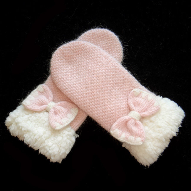 出口新品 冬季女士双层加厚兔羊毛毛线连指手套 优雅蝴蝶结手套！