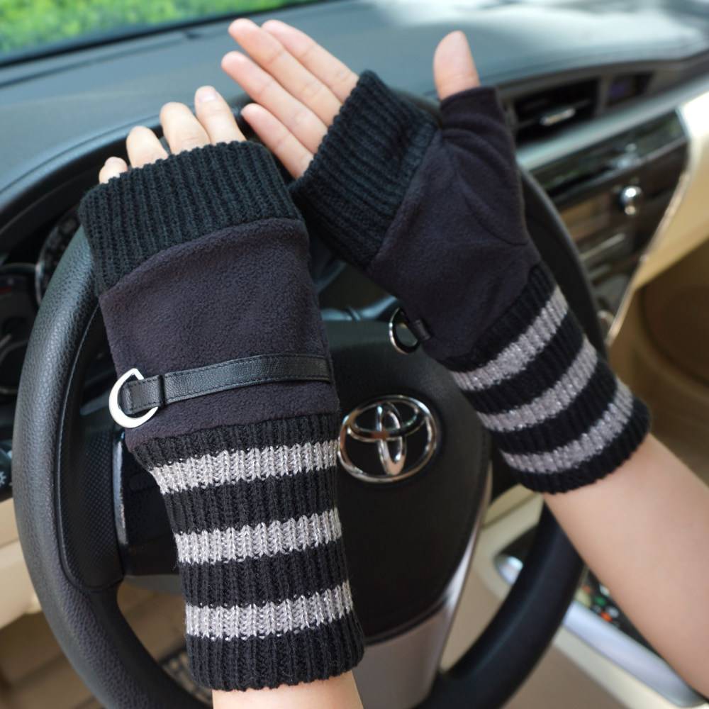 瑞迪卡欧女士秋冬季羊毛毛线半指触屏手套pu带金属扣打字写字手套