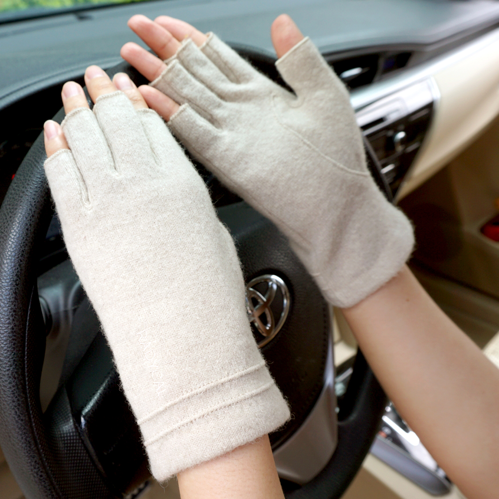 瑞迪卡欧新品秋冬女士羊毛羊绒简约半指触屏写字保暖开车情侣手套 - 封面