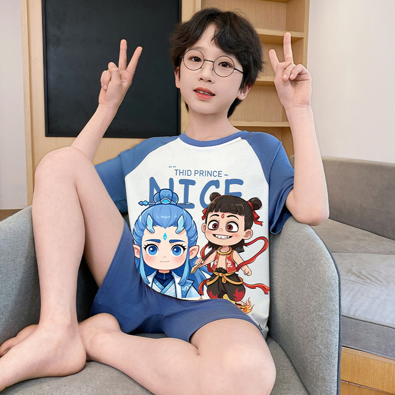 儿童睡衣夏季薄款男童卡通夏天短袖小男孩子空调家居服初中生套装