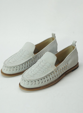 男款夏季反毛牛皮百叶窗编织裸脚传统乐福水泥灰色水洗皮内里凉鞋