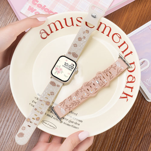 适用iwatch11表带苹果S10创意雕刻玫瑰印花10新款腕带S8运动硅胶