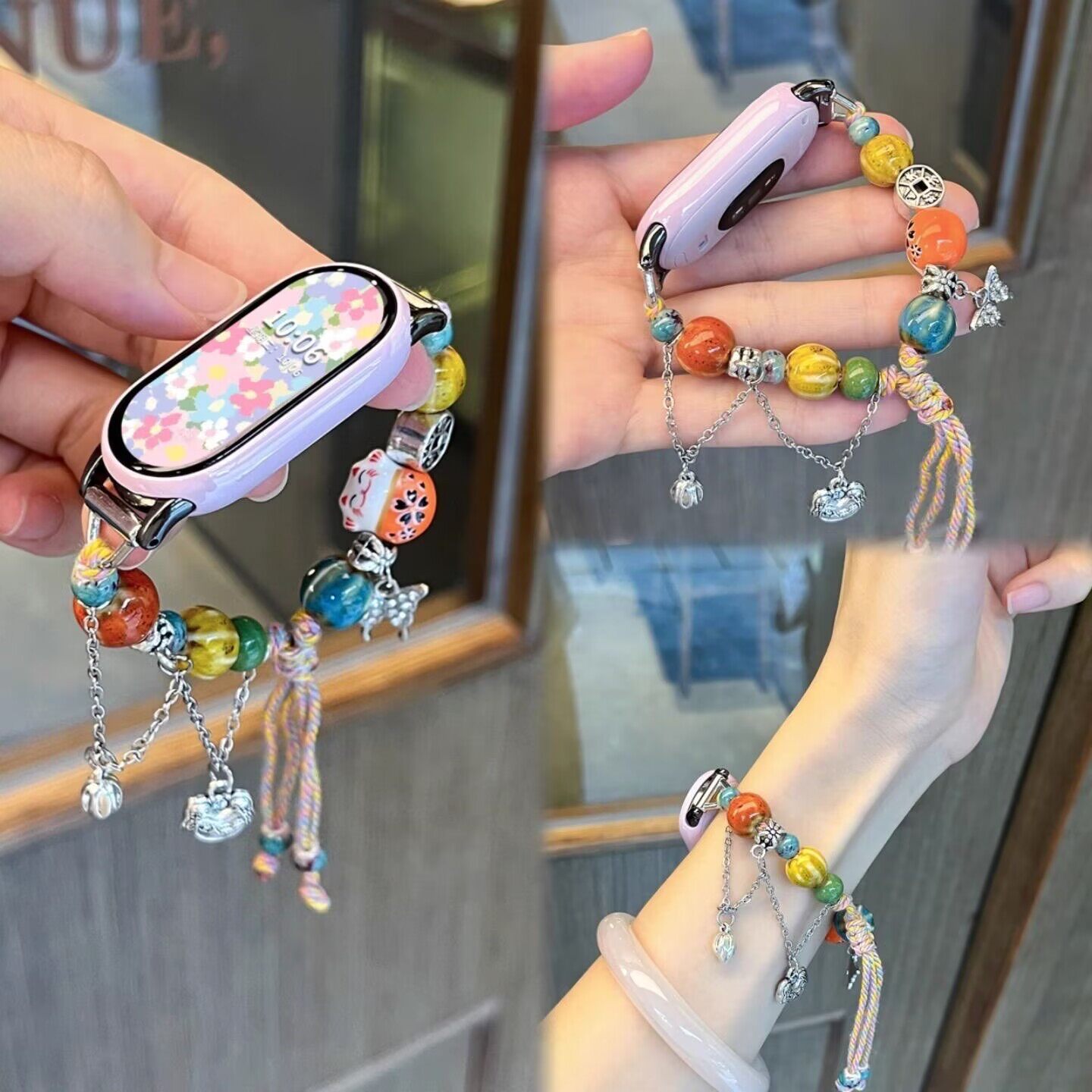 适用小米手环10表带9/8爆款多巴胺花朵串珠夏日陶瓷招财猫绳手链