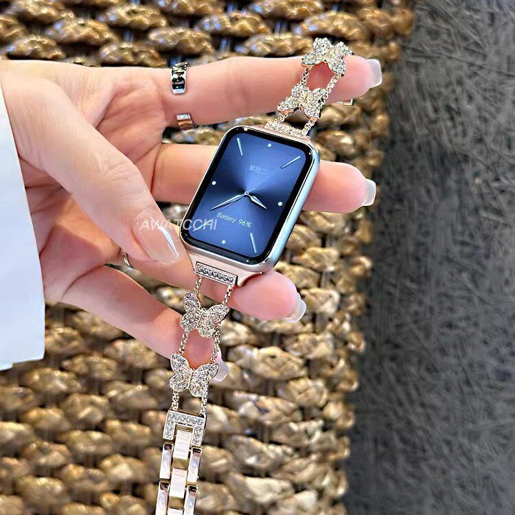 适用小米手环9/10金属蝴蝶镶钻女款89pro通用红米watch5/6表带