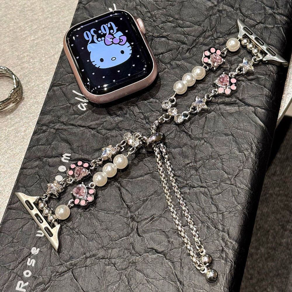卡通猫爪爱心钻表带适用于ApplewatchS10金属手链S11星星女