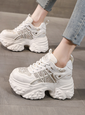 9cm欧货高端厚底内增高水钻老爹鞋女2026春季新款网面运动休闲鞋