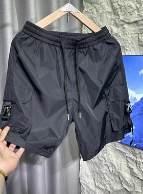 夏季工装美式多口袋复古休闲速干沙滩裤简约纯色卡扣修身设计感男