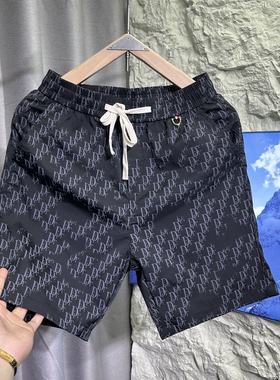夏季新款不规则满印立体印花速干沙滩裤简约欧货轻奢抽绳五分裤男