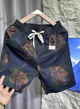 夏季迷彩虎头沙滩裤简约潮流精神抽绳印花五分裤修身透气速干短裤