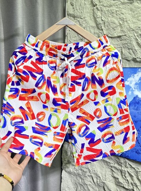 夏季新款美式涂鸦五分裤修身潮流不规则字母印花休闲速干沙滩裤潮