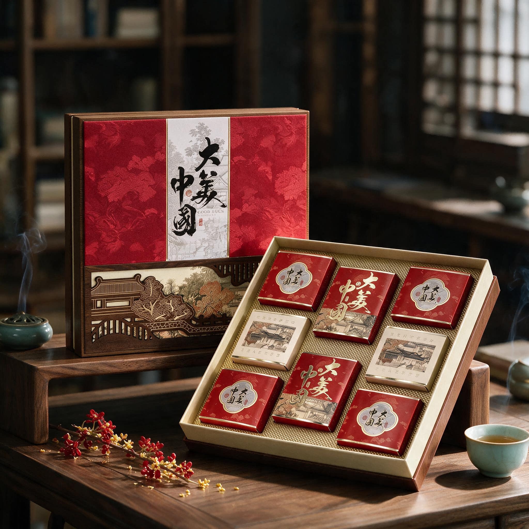 25新月饼礼盒国风轻奢布艺纹理传统中式木框盒中秋月饼点心包装盒