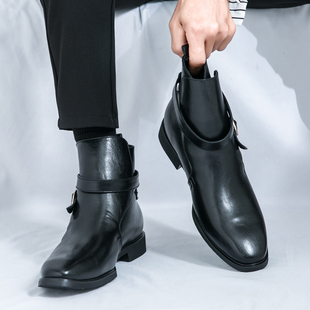 高帮鞋男百搭英伦风德比鞋时尚小方头男士皮鞋潮流马丁靴休闲大码