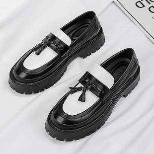 韩版流苏乐福鞋男厚底增高5CM休闲皮鞋一脚蹬黑白拼色潮鞋德比鞋