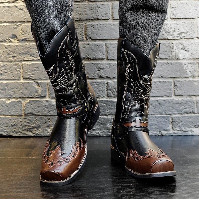 复古刺绣西部牛仔靴男生高筒皮带扣骑士靴秋冬机车马丁靴蒙古马靴
