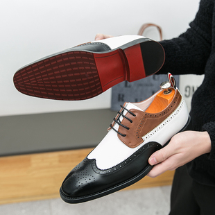 黑白色皮鞋男百搭拼色布洛克鞋英伦风德比鞋韩版正装影楼拍照婚鞋