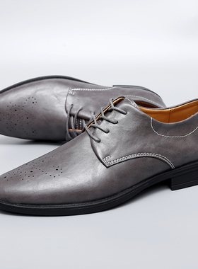 皮鞋男真皮韩版商务正装英伦德比鞋36小码48大码灰色男鞋影楼摄影
