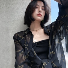 新款 上衣设计感防晒衬衣 宽松薄款 女长袖 K家雪纺印花衬衫 2019夏季