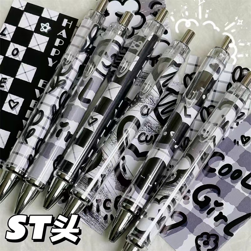 原创黑色印花按动中性笔学生刷题