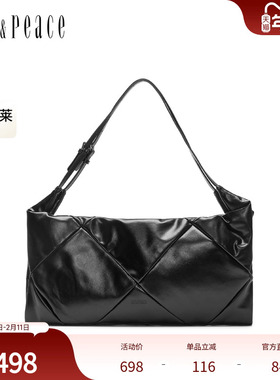 真美诗2024冬季新款光泽牛皮拼接菱格纹轻便通勤单肩包女12553DX4