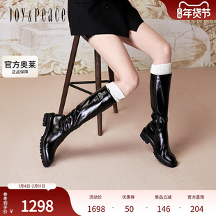 真美诗许愿池2024冬季新款光泽牛皮复古金属饰扣骑士靴女YPU44DG4