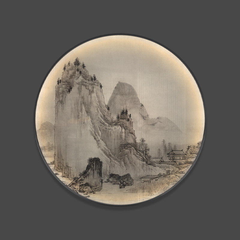 GJU8新中式玄关装饰画山水画圆形灯画led发光挂画茶室酒店餐厅壁图片