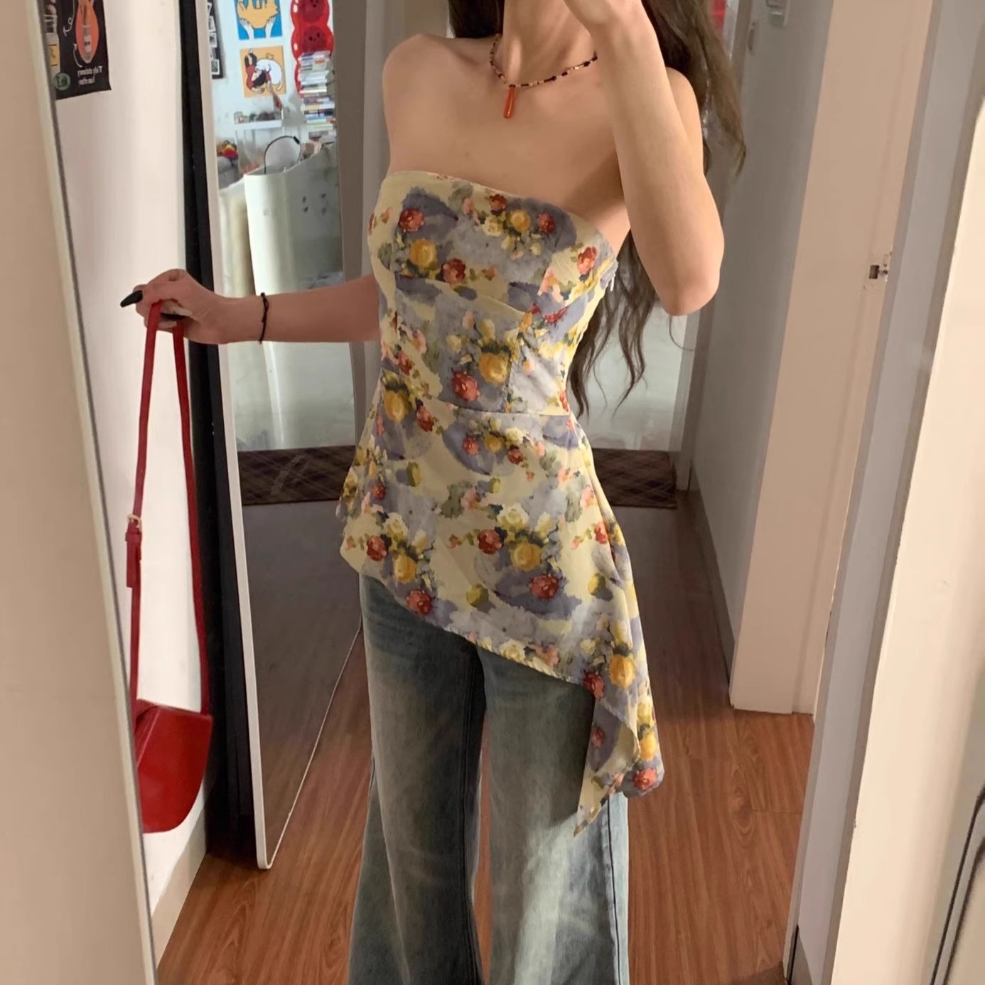 法式碎花不规则抹胸背心女夏外穿高级感纯欲气质收腰显瘦无袖上衣