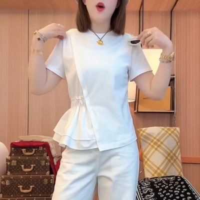 纯棉不规则圆领白色短袖t