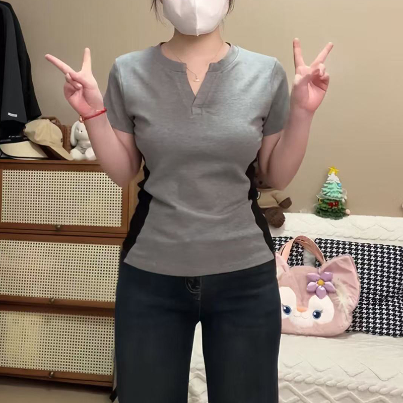 大码胖MM纯棉韩系撞色短袖T恤女夏季2025新款收腰显瘦设计感上衣