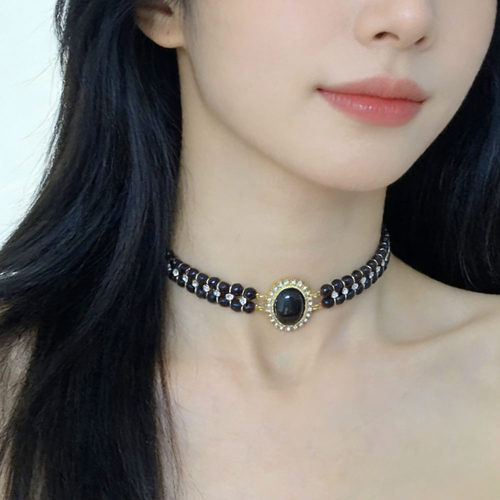 暗黑辣妹风多层黑珍珠串珠项链女