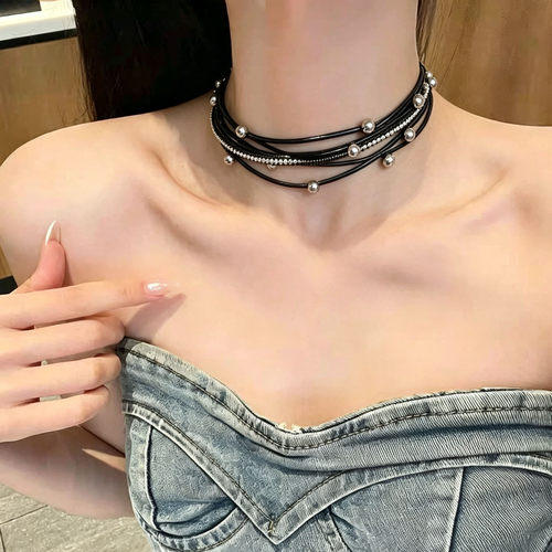 辣妹风个性多层pu项链磁吸扣手链