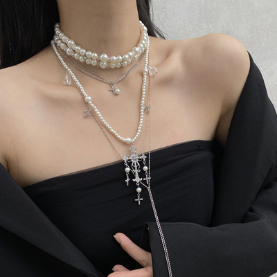 珍珠圆珠女式十字架项链