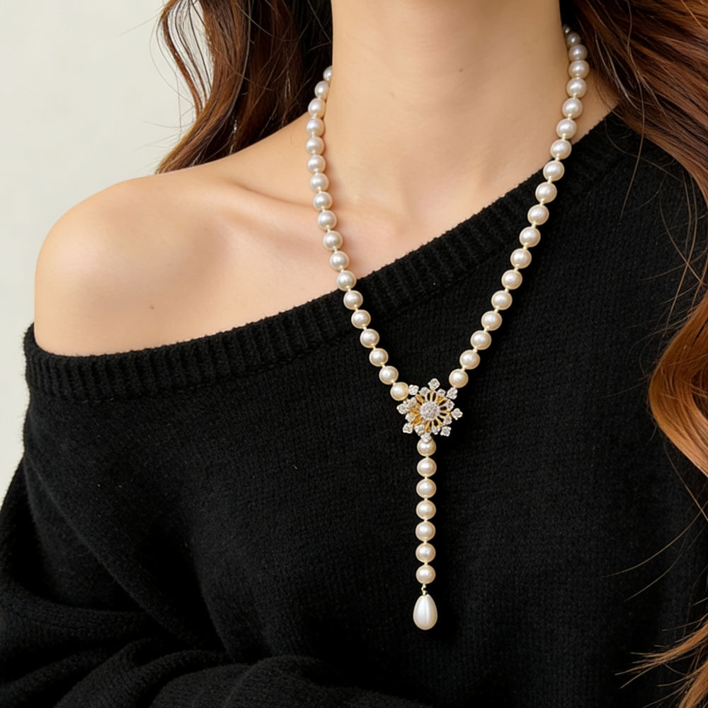轻奢水钻雪花朵珍珠串珠项链配饰女时尚百搭配连衣裙高级感毛衣链