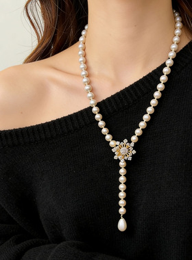轻奢水钻雪花朵珍珠串珠项链配饰
