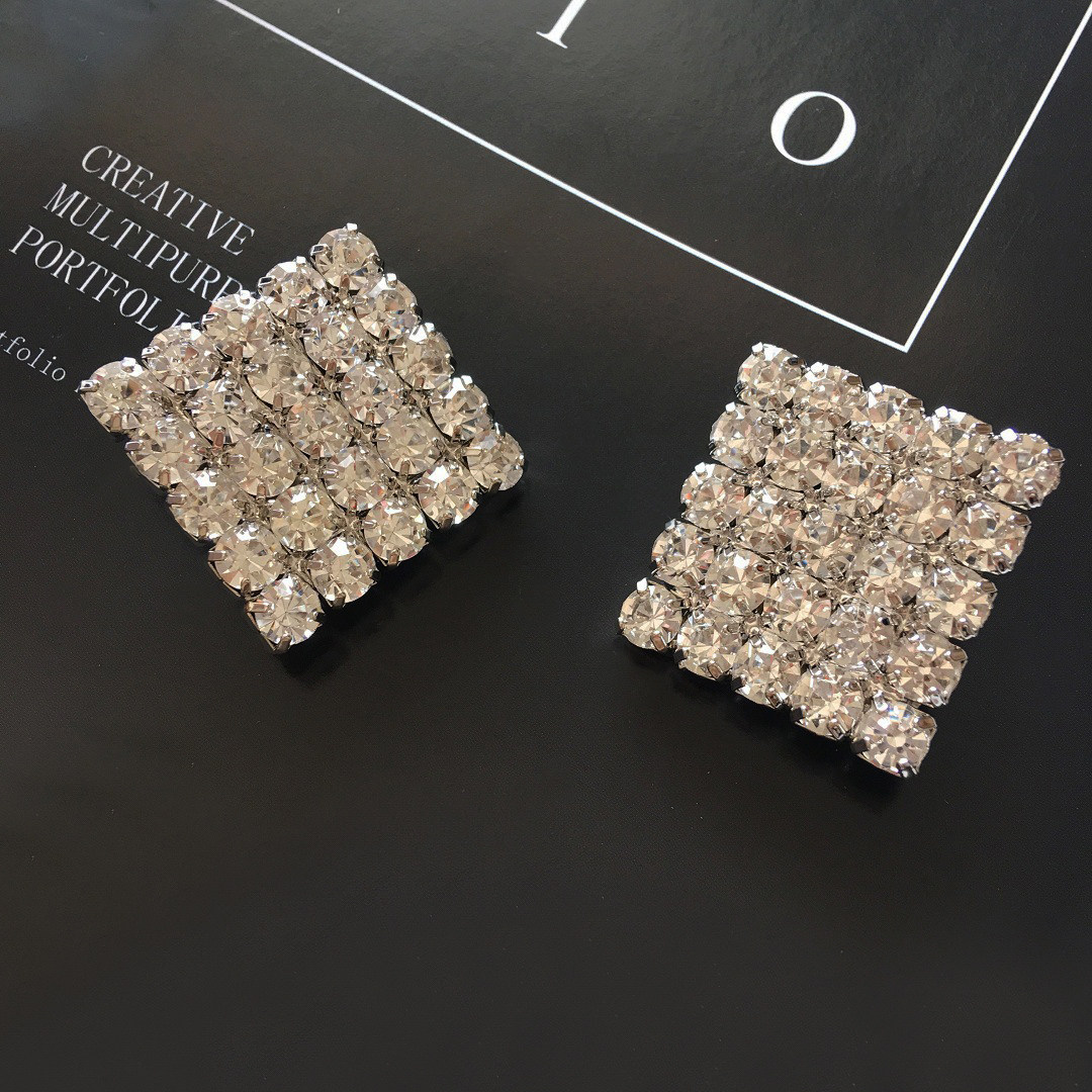 镶钻夸张闪钻女几何方块耳钉耳夹