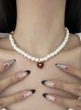 红色爱心吊坠珍珠串珠项链颈链女