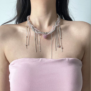 冷淡风时尚粉钻爱心流苏吊坠项链锁骨链银球串珠缠绕串珠颈链潮