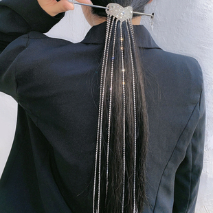 新款时尚满钻爱心马尾发簪气质古风超长流苏簪个性化汉服新娘头饰