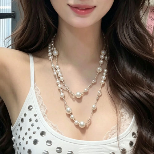 甜酷韩系ins多层珍珠水钻项链女