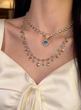 时髦双层蓝水晶流苏吊坠项链女款